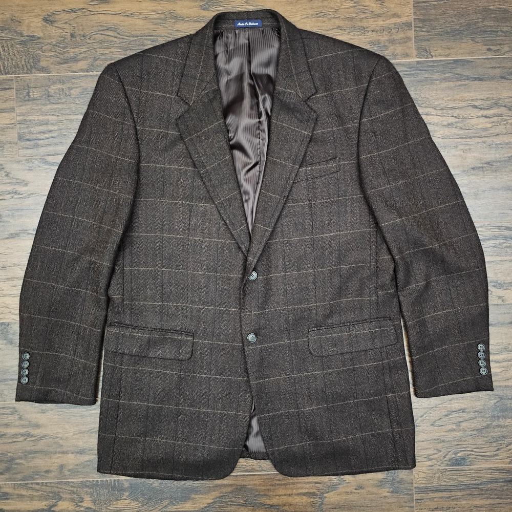 ALAN FLUSSER Suit Jacket Mens Size Large 44 Brown Windowpane Cashmere Lambs Wool